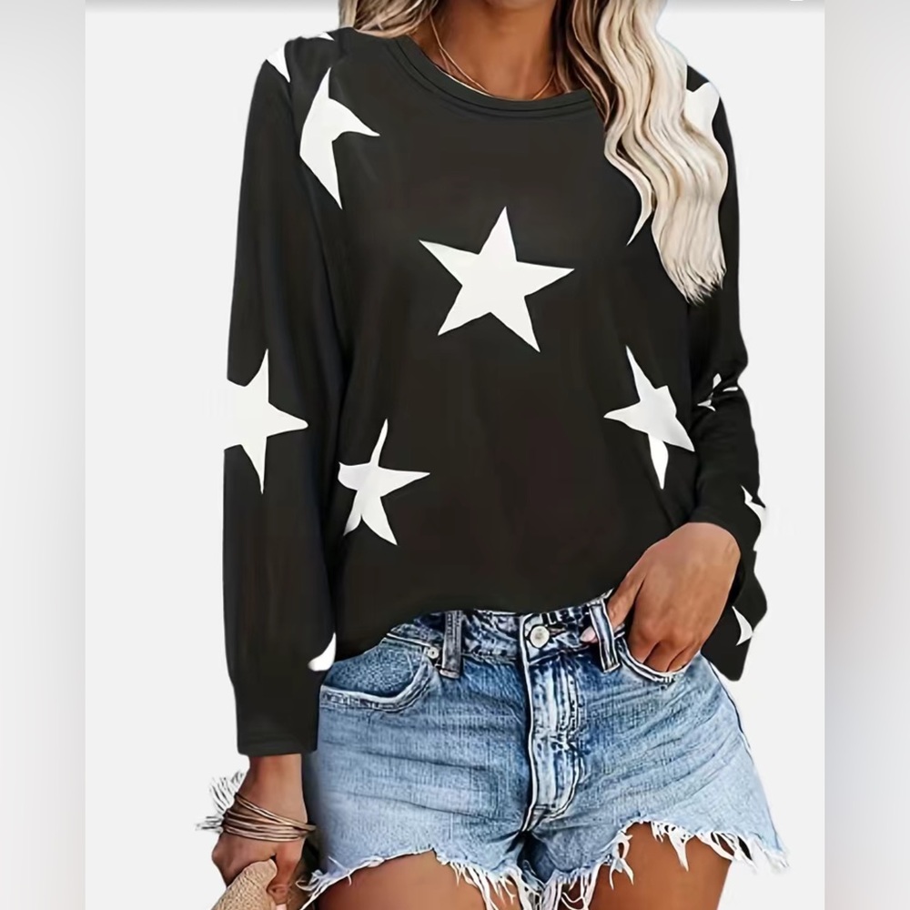 Stars Print Long Sleeves Sweatshirt Black White Size L
